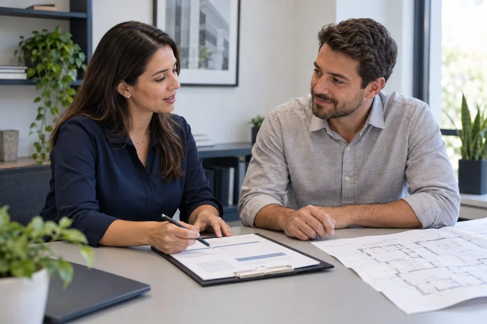 Duas pessoas conversando à mesa sobre um projeto de engenharia, com prancheta e planta